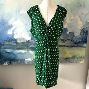 Kiara L Fully Lined Geometric Emerald Green & Navy  Sleeveless V Neck Dress